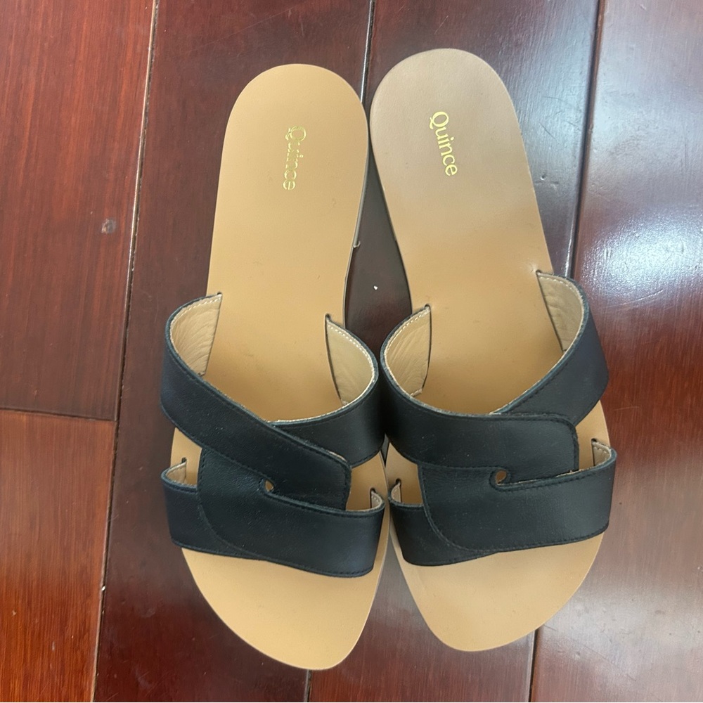 Quince Italian Leather cut out Black Slide Sandals - Picture 3 of 4